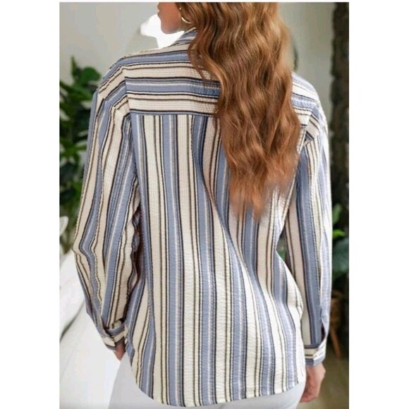 EVALESS Womens L Striped V-Neck Button-Down Blouse Preppy Sophisticated Workwear - Picture 2 of 11